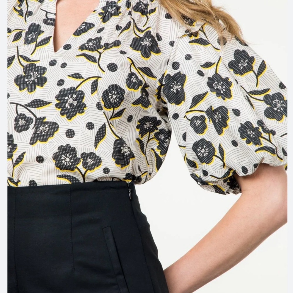 THML White Floral Puff-Sleeve Blouse with Black & Yellow Accents